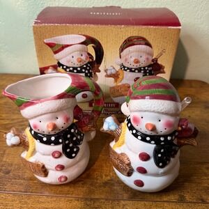VTG HomeTrends Ceramic Snowman Sugar Creamer Set with Spoon Let It Snow Holiday